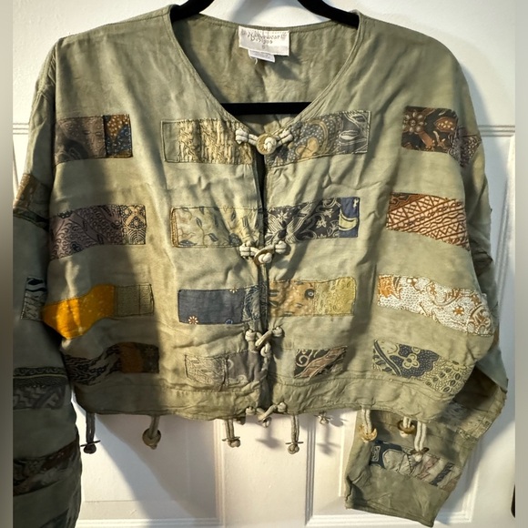 Vintage Patchwork Cropped Jacket Boho Hippie Colorful Nativewear Designs Sage SM - Picture 9 of 16